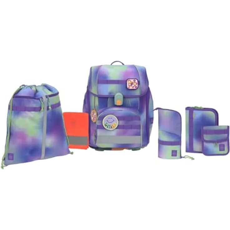LÄSSIG School Set Boxy, Schulranzen-Set mit großem Hauptfach, Regenhülle und Thermofach, Unique Gradient Green/Purple, 30 x 41,5 x 25 cm