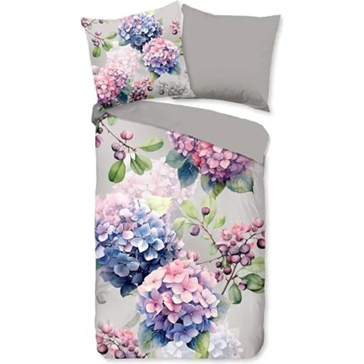 Good Morning Baumwoll-Bettwäsche 135x200 Julia Hortensien Silber rosa blau 33108