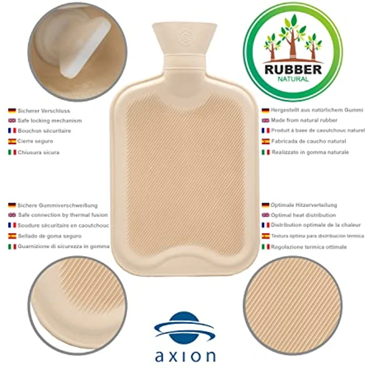 Axion Wärmflasche ohne Bezug, beige, 33 x 20 cm, ca. 2 Ltr. aus 100% Naturgummi für Wohfühlwärme und Kühlen – Bild 5