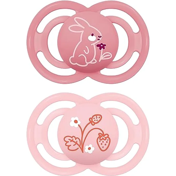 MAM Perfect Schnuller im 2er-Set, für eine gesunde Zahn- und Kieferentwicklung, Baby Schnuller aus nachhaltigen & bio-erneuerbaren Materialien, mit Schnullerbox, 6-16 Monate, Hase/Blume