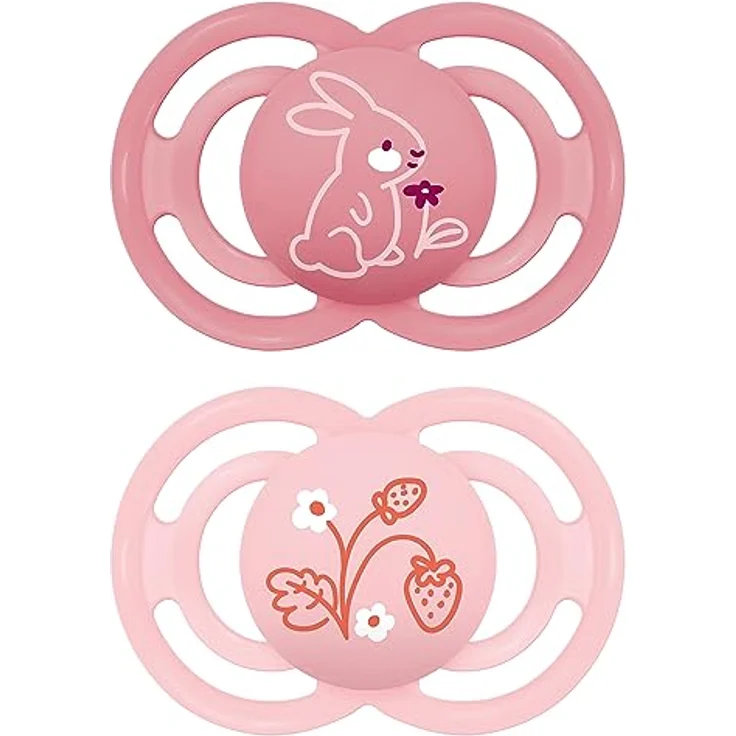 MAM Perfect Schnuller im 2er-Set, für eine gesunde Zahn- und Kieferentwicklung, Baby Schnuller aus nachhaltigen & bio-erneuerbaren Materialien, mit Schnullerbox, 6-16 Monate, Hase/Blume – Bild 1
