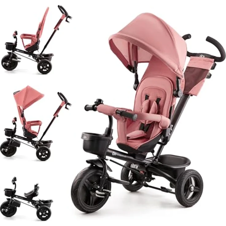 kk Kinderkraft Kinderkraft AVEO Dreirad ab 9 Monate bis 25 kg, Kinderdreirad mit schubstange, Kompakte zusammenklappen, drehbarer Sitz, ausklappbarem Verdeck mit sonnenschutz, Getränkehalter korb im set, Rosa – Bild 1