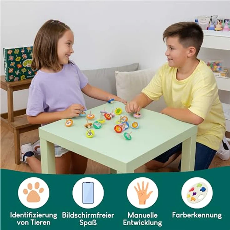 BONNYCO Holz Kreisel für Kinder, 40 Stück Mitgebsel Kindergeburtstag mit Dschungeltier-Motiven, perfekt für Gastgeschenke und Pinata Füllung – Bild 4