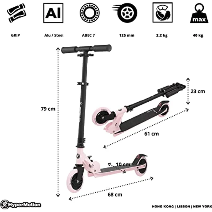 HyperMotion Willy Kinder-Zweirad-Scooter – faltbar, höhenverstellbar, Polyurethan-Räder, rosa – Bild 6