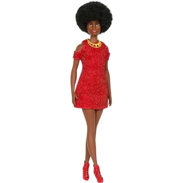 Mattel Barbie Fashionista Puppe, schwarze Haare, rotes Kleid, Ankleidepuppe für Kinder ab 3 Jahren – Bild 1
