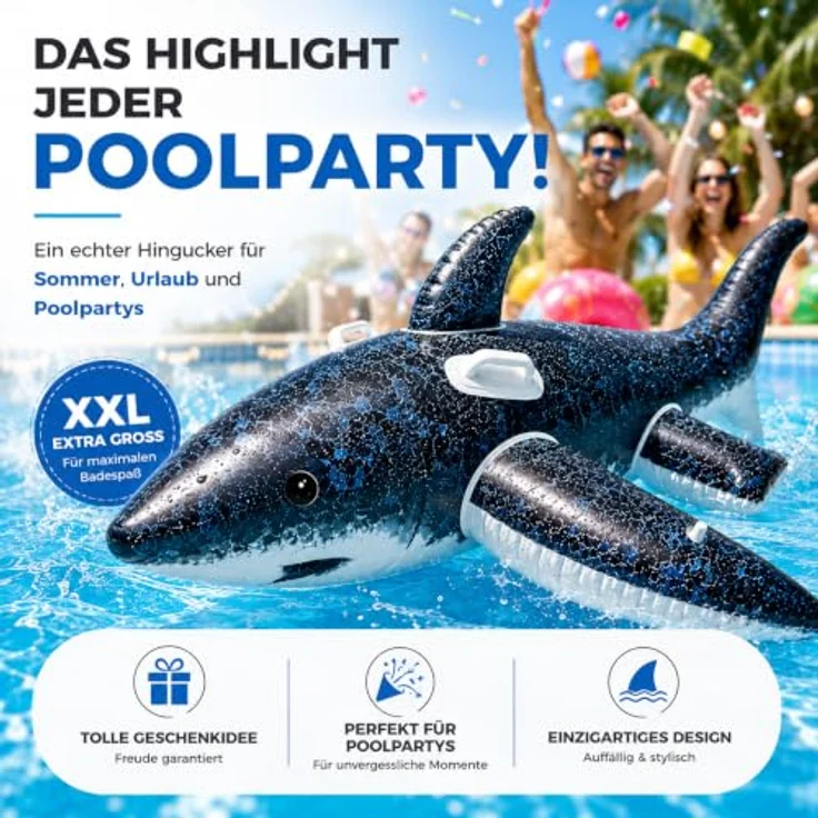 TK Gruppe Timo Klingler Aufblasbar XXL Hai Luftmatratze 180 cm, Schwimmring für Kinder & Erwachsene, robustes PVC, ideal für Pool & Strand – Bild 4