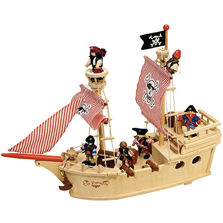 Tidlo Piratenschiff Paragon, hölzernes Spielzeug mit Kapitän, Piraten, Schatztruhe und versteckten Rädern – Bild 1