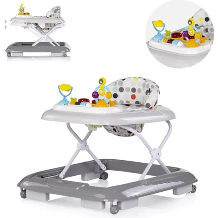 Chipolino Lauflernhilfe Baby Steps, klappbar mit Musik Spielpanel, 360° drehbaren Rädern, 6 Silikon-Stoppern, grau