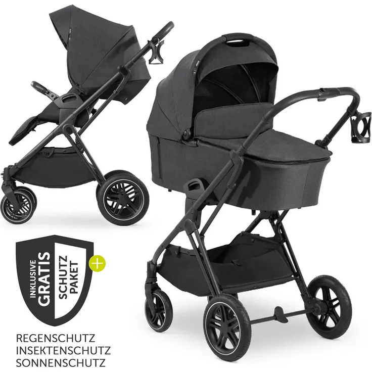 Hauck Kombi-Kinderwagen Vision X Duoset Black (Sportwagen & Babywanne) inkl. XXL Zubehörpaket - Melange Black mit Gratis Mobilitätsgarantie