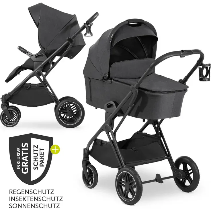 Hauck Kombi-Kinderwagen Vision X Duoset Black (Sportwagen & Babywanne) inkl. XXL Zubehörpaket - Melange Black mit Gratis Mobilitätsgarantie