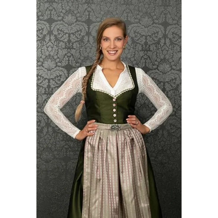 Edelnice Dirndl Adele, Midi Dirndl in Waldgrün und Pink mit femininem Schnitt – Bild 6