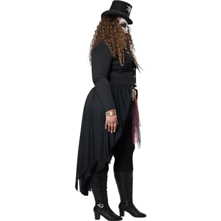 Metamorph Voodoo Mistress Kostüm, XXL, frackähnlicher Mantel mit roter Weste, Zylinderhut und Halskette in Form einer Affenhand – Bild 2