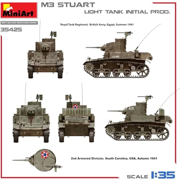Other 1:35 M3 Stuart leichter Panzer, Modellfahrzeug mit beweglichen Kettengliedern und Decals für vier Varianten – Bild 15