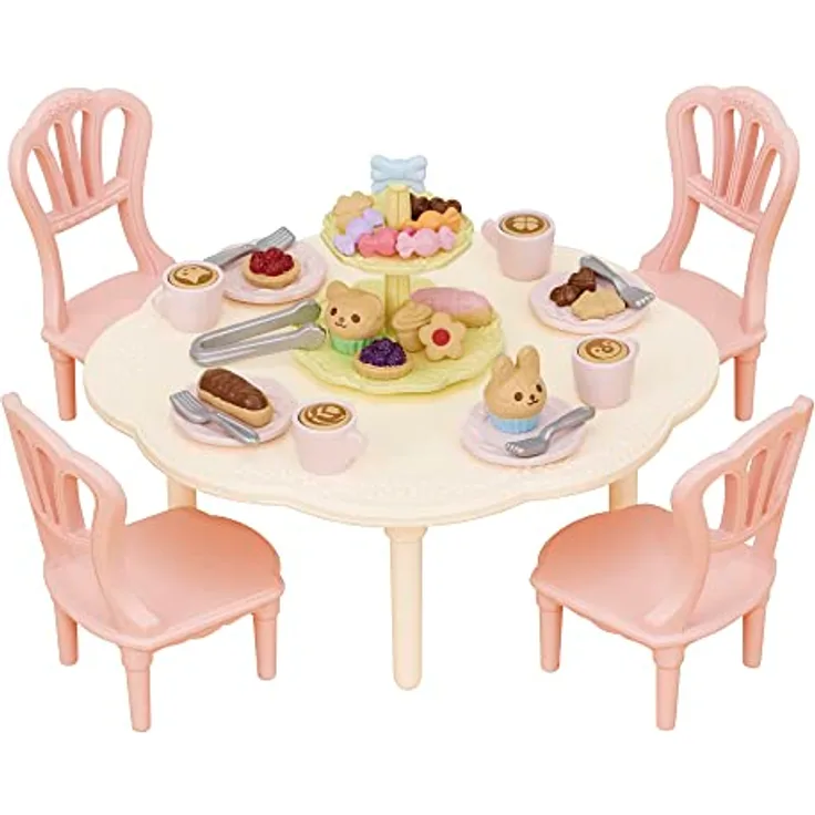 Sylvanian Families 5742 Kaffee- und Kuchen-Set, Puppenhaus Möbel mit Tisch, 4 Stühlen, Geschirr und Gebäck für Kinder ab 3 Jahren