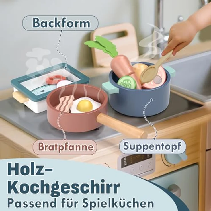 Lehoo Castle Kinderküche Zubehör, Spielküche Holz mit Töpfen, Pfannen und Gemüseschnitten, ab 3 Jahre – Bild 3