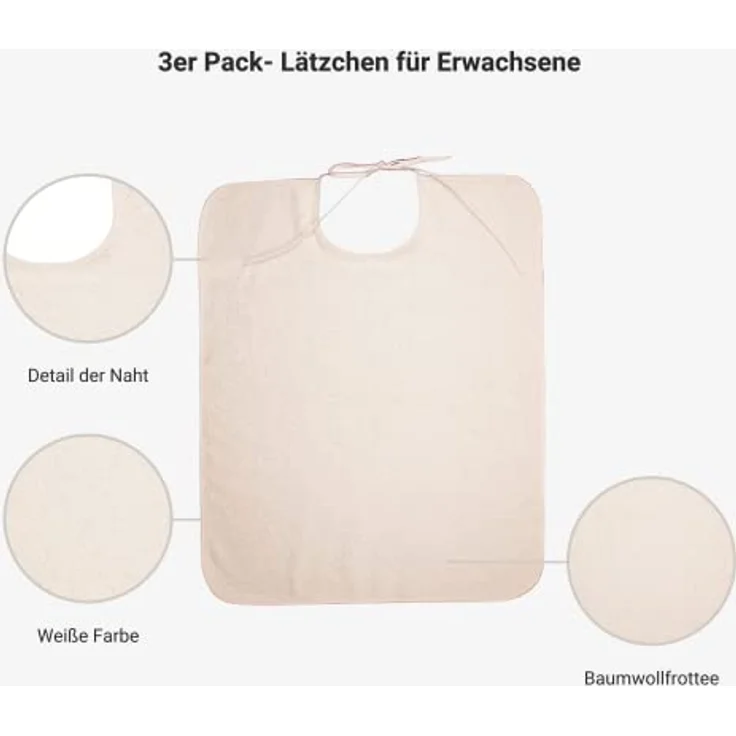 Ti TIN | 3er Pack- Lätzchen für Erwachsene, 50x60 cm | Frottee Latz mit Bindeverschluss, Material: 90% Baumwolle, 10% Polyester, Farbe: weiß – Bild 3