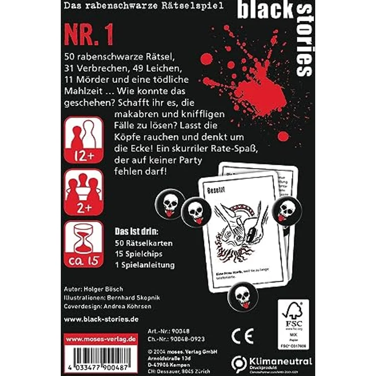 moses 90048 Black Stories Nr. 1-50 Rätsel in der ersten Edition Krimi Kartenspiel mit Spielvariante und Punktechips, Rätselspiel für Jugendliche und Erwachsene, White – Bild 3