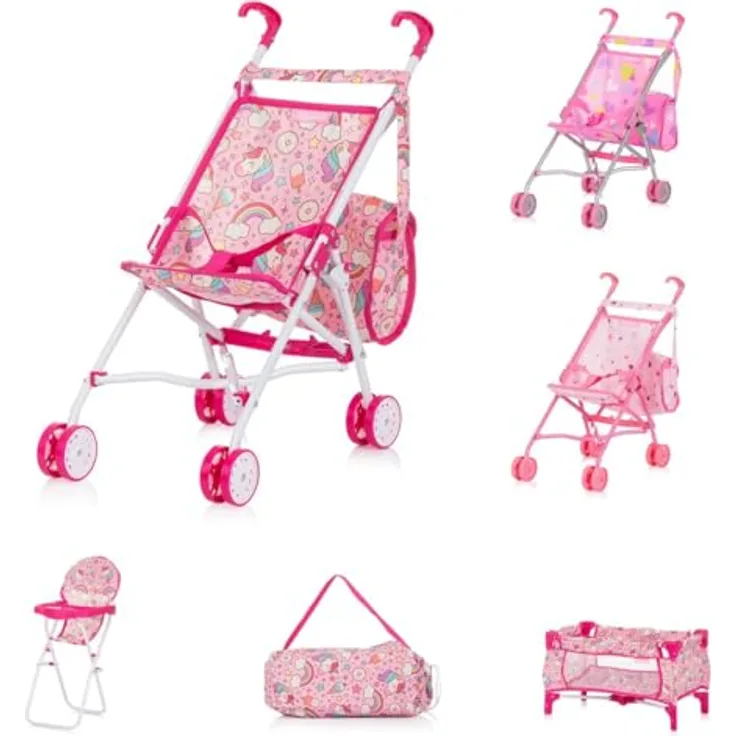 Chipolino Puppen-Zubehör-Set 3in1 Trixy Buggy Hochstuhl Tasche Laufstall faltbar, pink