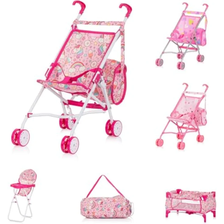 Chipolino Puppen-Zubehör-Set 3in1 Trixy Buggy Hochstuhl Tasche Laufstall faltbar, pink – Bild 1