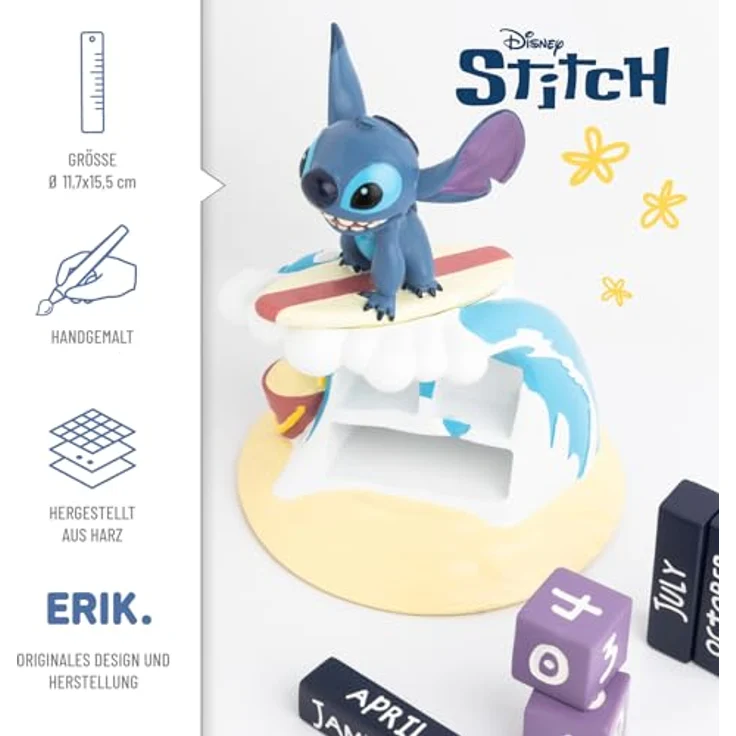 Grupo Erik Stitch 3D Ewiger Kalender Surfer, handbemalt aus hochwertigem Harz, mit Datumsblöcken, 15,5 x 11,7 x 11,7 cm – Bild 2