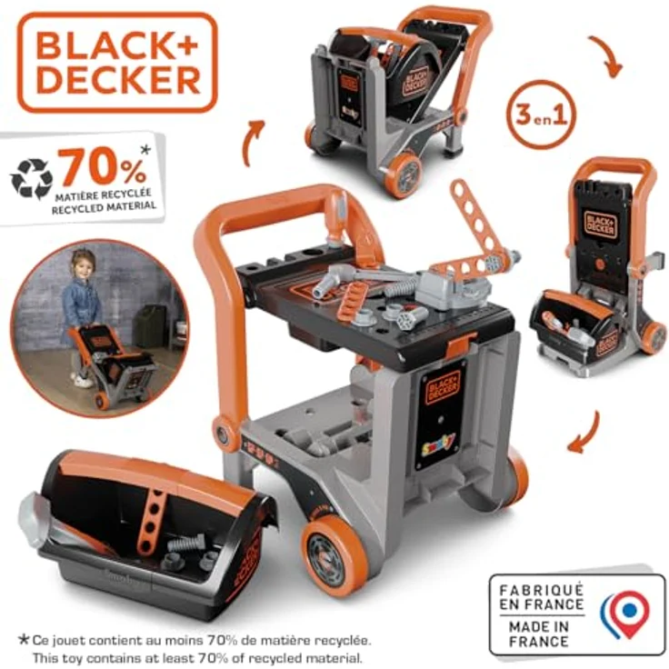 Smoby 3-in-1 Spielwerkbank Black+Decker, Made in Europe mit 19 Zubehörteilen, mobil als Trolley oder Schubkarre nutzbar – Bild 3