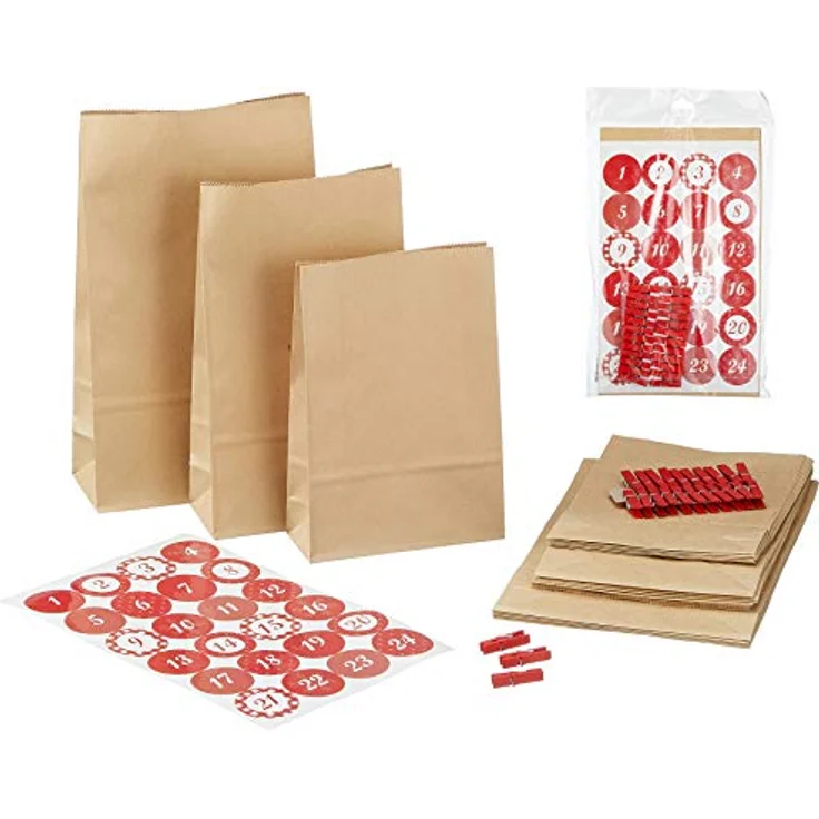 Annastore DIY Adventskalender zum Befüllen 72-teilig + 134 Sterne-Sticker - Papiertüten Weihnachten - Braune Geschenktüten - Preisvergleich – Bild 1