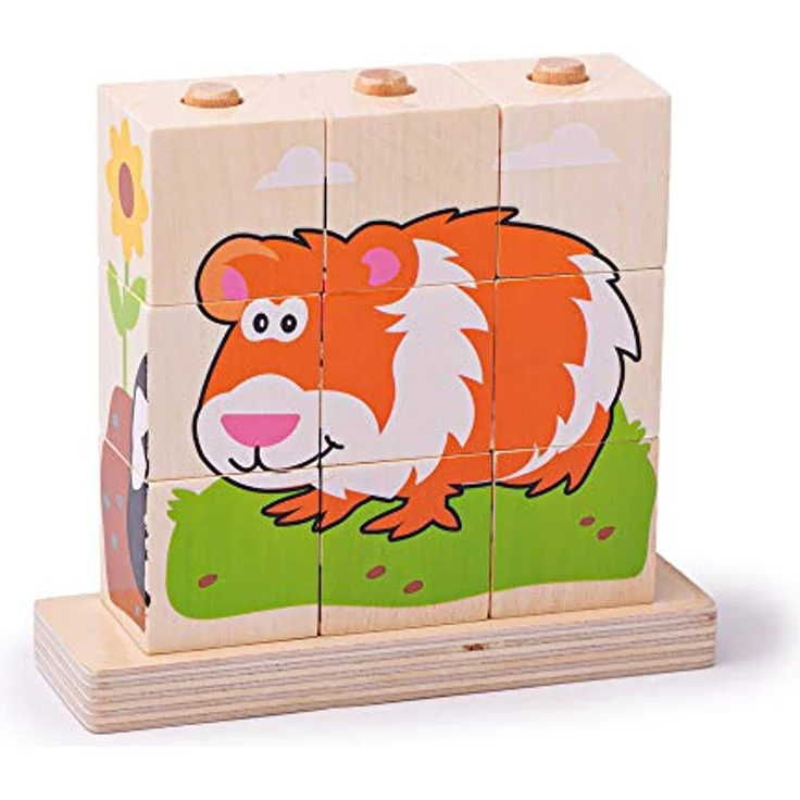 Bigjigs Wooden Block Puzzle Pets, 10-teiliges Holzpuzzle mit Katzen-, Hund-, Hamster- und Kaninchenmotiven, geeignet für Kinder ab 12 Monaten – Bild 3