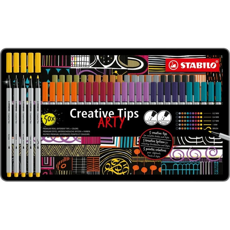 STABILO Filzstift STABILO Creative Tips ARTY Multiliner-Set URBAN - 50er Metalletui - Vielseitige Fasermaler mit lebendigen Farben, flexible Pinselspitze und wasserbasierter Tinte – Bild 1