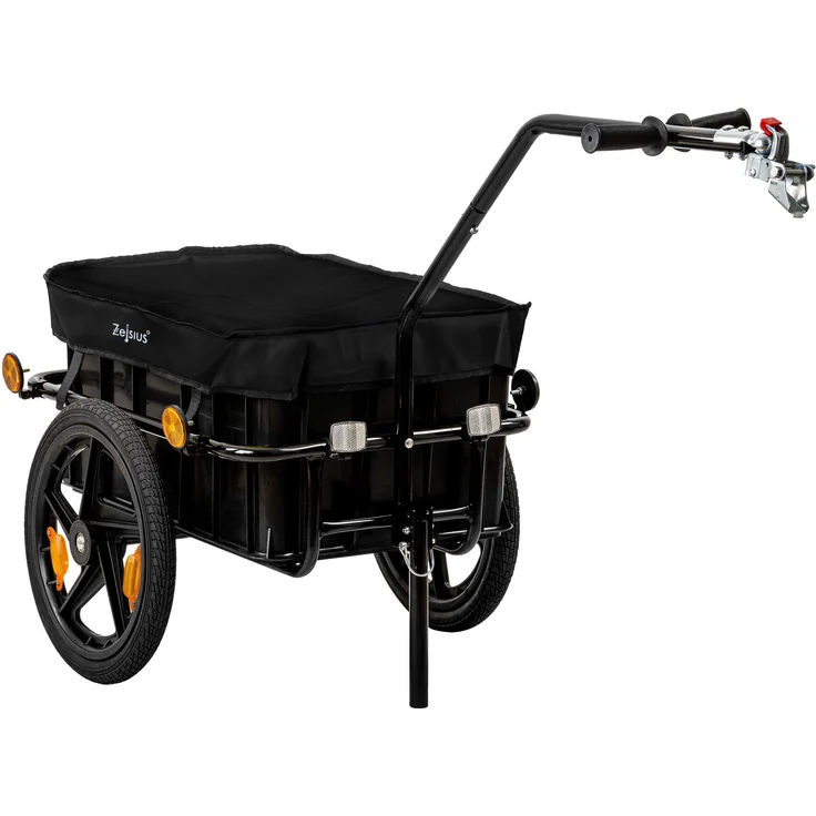 Zelsius Fahrradlastenanhänger Fahrradwagen mit Abdeckung, Schwarz, 40 kg Belastbarkeit, 68 Liter Fassungsvermögen, Reflektierendes Logo an der Haube