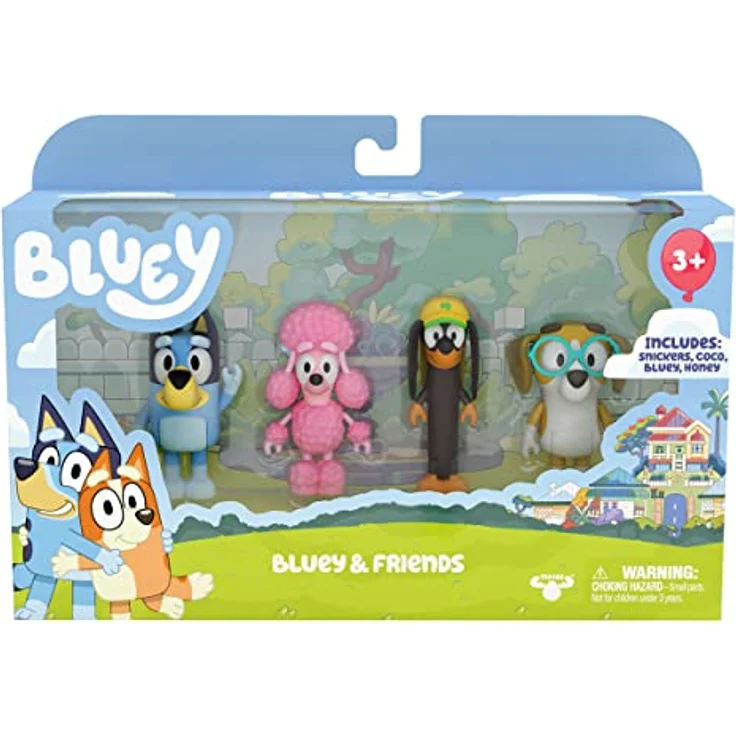 Bluey 4er-Figuren-Set: Bluey und ihre Freunde: Bluey, Coco, Snickers und Honey; 6,3 - 7,6 cm große Figuren mit beweglichen Gelenken – offizieller Bluey-Sammelartikel – Bild 3