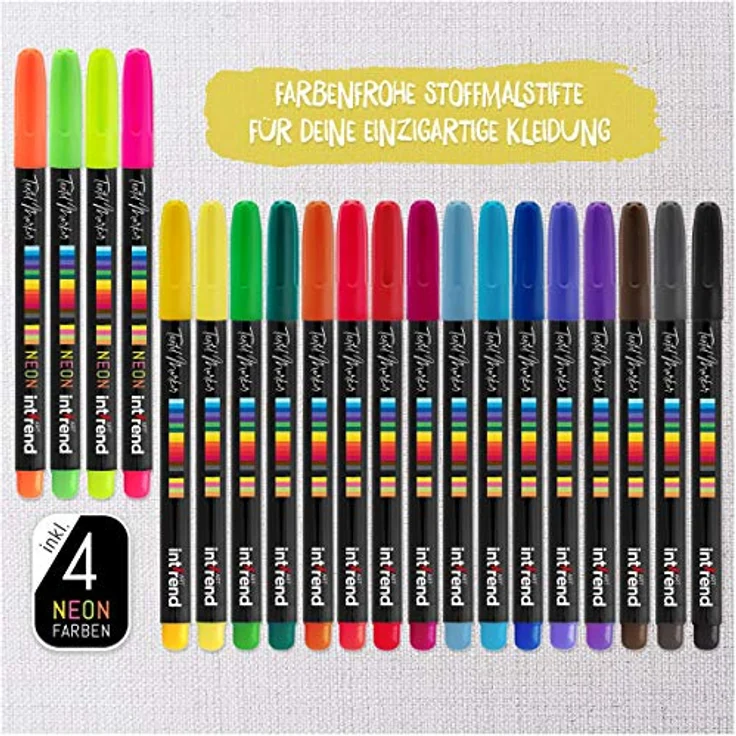 int!rend Textilmarker 25er Set I 20 Bunte, waschmaschinenfeste Stoffmalstifte + 5 Schablonen I zum Bemalen von Schuhen, T-Shirts, Taschen und Anderen Textilien I inklusive 4 Neon UV Fabric Pens – Bild 2