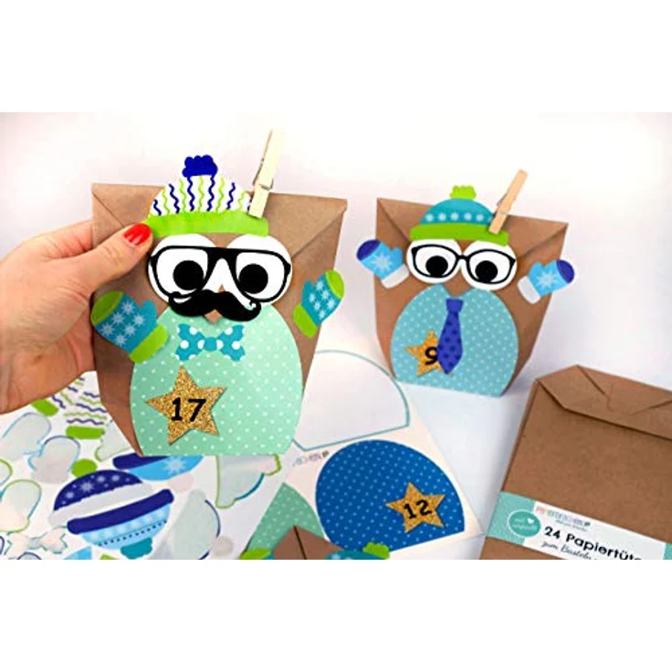 Papierdrachen DIY Adventskalender zum Befüllen - Weihnachtseulen - Eulen Weihnachten - Set Blau mit zusätzlichen Aufklebern - zum selbst basteln - für Kinder - für Jungs – Bild 2