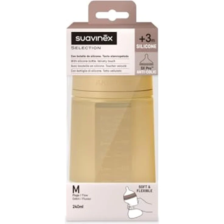 Suavinex Silikonflasche, 240 ml mit physiologischem Sauger SX Pro, Anti-Colic-Ventil, mittlere Durchflussmenge (M), für Babys + 3 Monate, Colour Essence, Senf – Bild 3