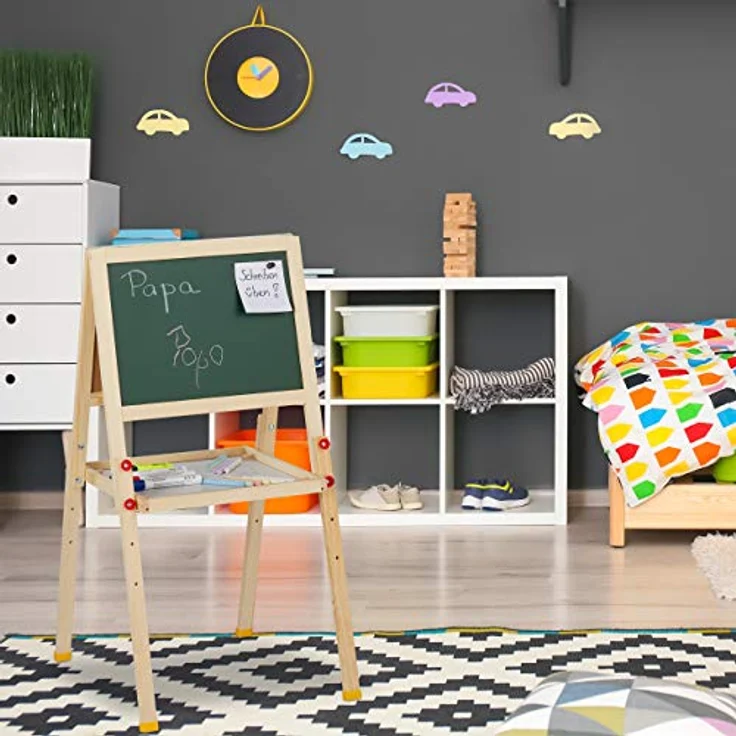 relaxdays Standtafel Kinder mit Whiteboard, höhenverstellbar, beidseitig nutzbar, natur/weiß/grün – Bild 3