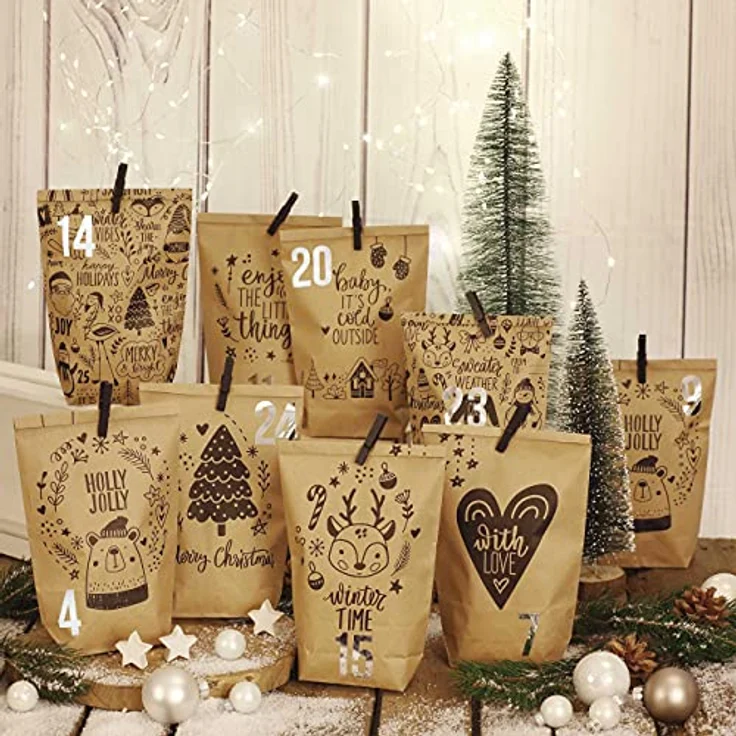 PAPIERDRACHEN Extravaganter Adventskalender zum Befüllen - mit 24 braunen Geschenktüten und 24 Zahlenaufklebern - Motiv Kindermotiv 1 - zum Basteln und Verschenken - Weihnachten & Advent – Bild 5