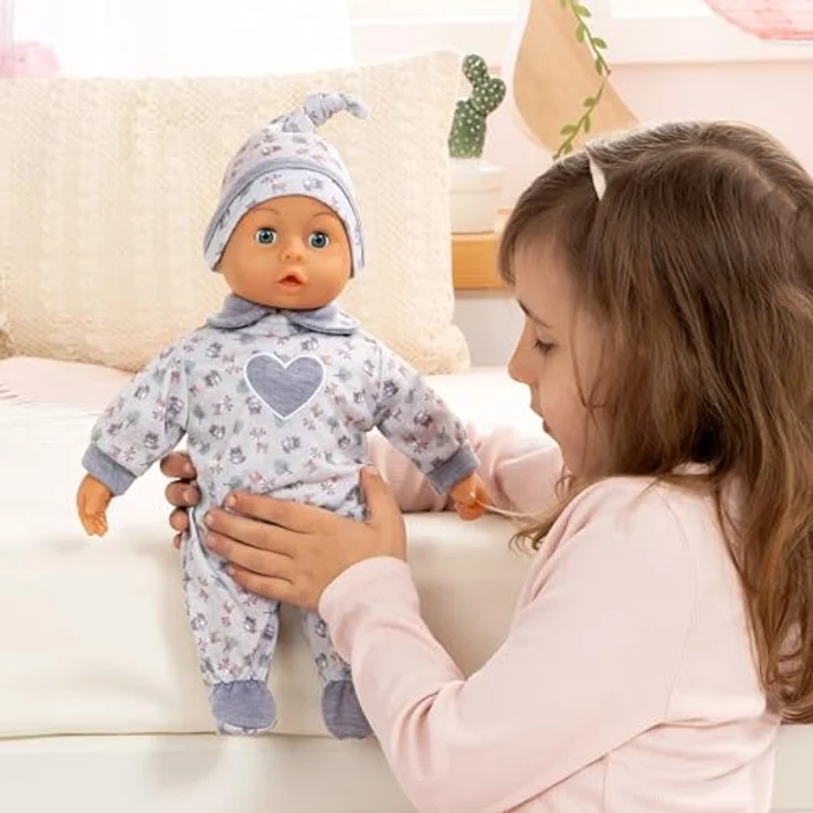 Bayer Babypuppe First Words Baby, 38 cm, grau, mit Schlafaugen, Babygeräuschen und Zubehör (Flasche, Schnuller) – Bild 2