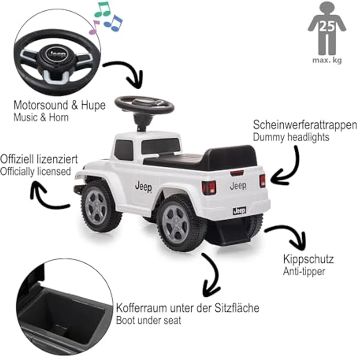 Weiss Rutscher Jeep Gladiator, Kinderfahrzeug mit Kipp-Schutz und Geräuschfunktion, weiss – Bild 4