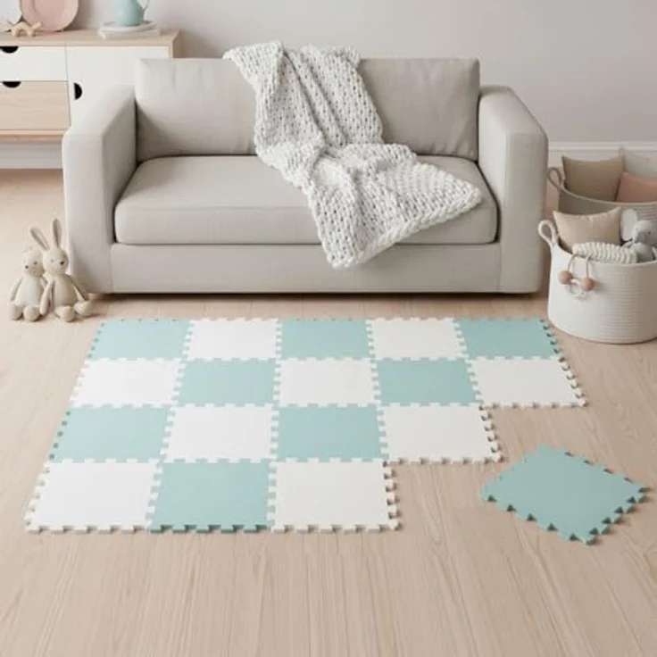 LittleTom Spielmatte Baby Puzzlematte Mint & Weiß - 18-teilig, 30x30 cm, 1 cm dicke EVA Schaumstoffmatte mit Anti-Rutsch-Profil und allergenfreier Oberfläche – Bild 1