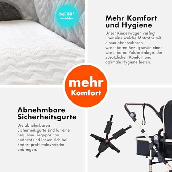 Daliya® NEOMOVE 2in1 Kombi-Kinderwagen, klappbare Babywanne und Sportsitz, große pannensichere Räder, leichter Aluminium-Rahmen, großer Einkaufskorb, Gold-Schwarz – Bild 5
