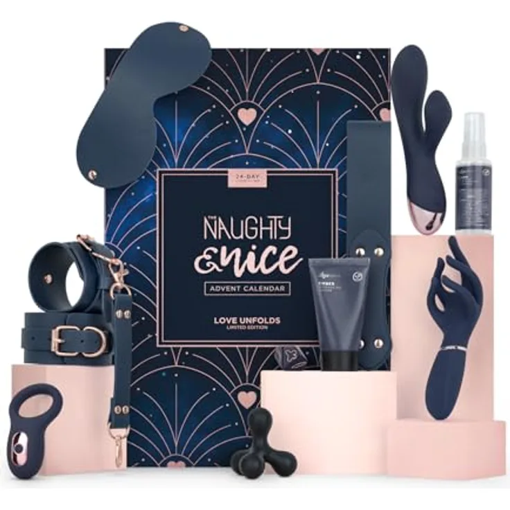 LoveBoxxx Naughty and Nice Adventskalender B2B, mit 24 verführerischen Überraschungen, Mitternachtsblau mit roségoldenen Akzenten