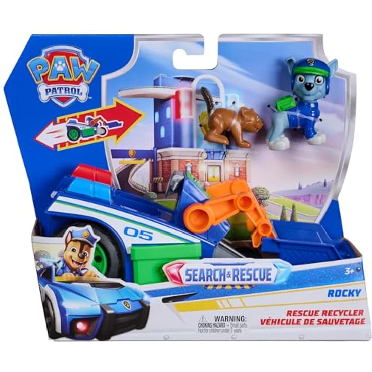 Paw Patrol PAW Search & Rescue Vehicle Rocky, Rückziehfahrzeug-Set mit 15 cm Auto und 2 Figuren, inkl. Rocky in Rescue-Uniform und Eichhörnchenfigur, für Kinder ab 3 Jahren – Bild 2