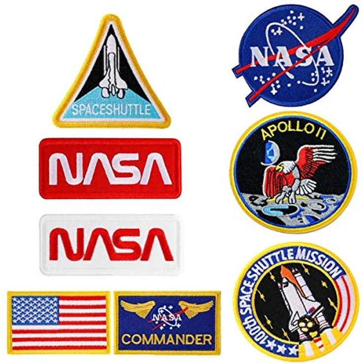 Bügel-Aufnäher im 8-teiligen Set mit US-Flagge, NASA-Logo, 100. Space Shuttle Mission, gestickte Aufnäher für Kleidung, Handarbeiten, individuelle Abzeichen – Bild 1