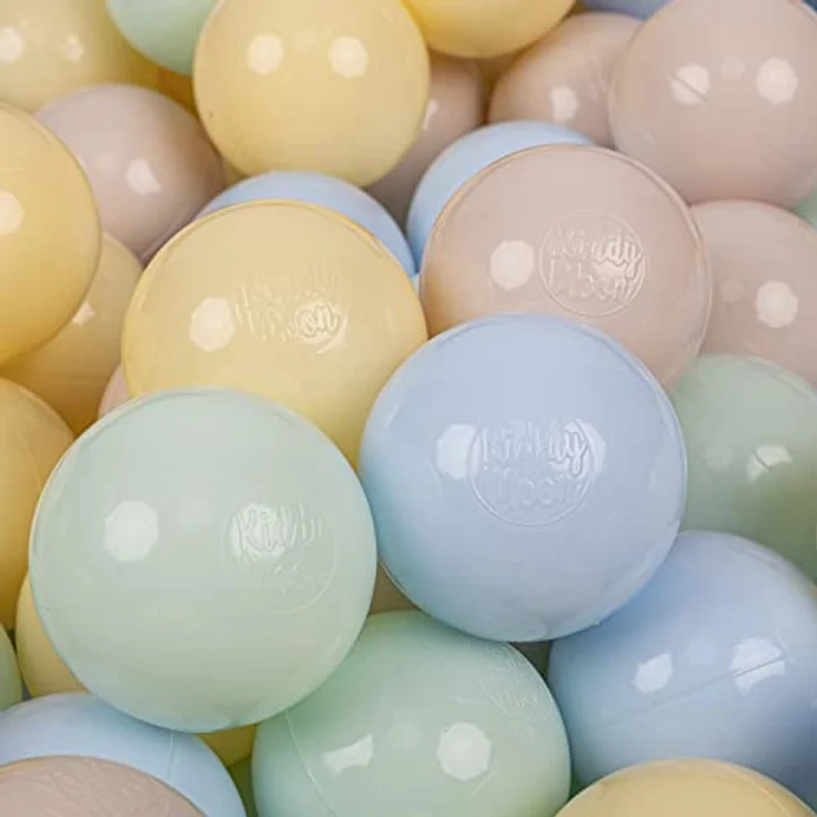 KiddyMoon 200 Bälle, 7 cm Kinder Bälle Spielbälle für Bällchenbad, Einfarbige Plastikbälle in Pastellbeige/Pastellblau/Pastellgelb/Minze, BPA-frei, Made in EU – Bild 1