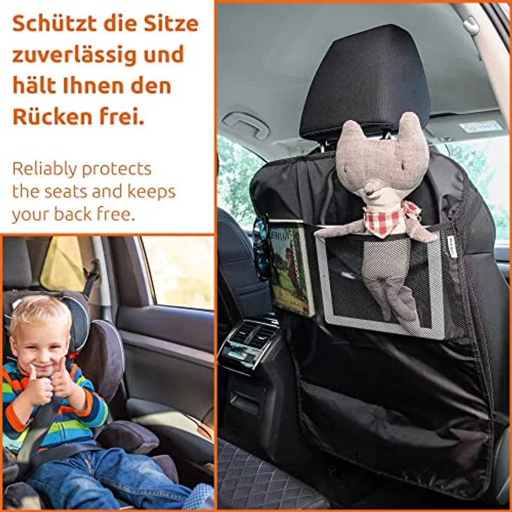 ECENCE Rückenlehnen-Schutz Kinder 50 x 70cm Organizer-Matte wasserdicht Autotasche Kick-Matte Netztasche, schwarz – Bild 2
