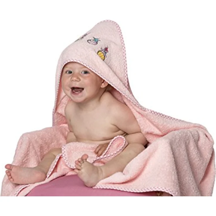 ZOLLNER Kapuzenhandtuch, Walkfrottee 100 x 100 cm, 100% Baumwolle, rosa mit Hündchen-Einstickung – Bild 1