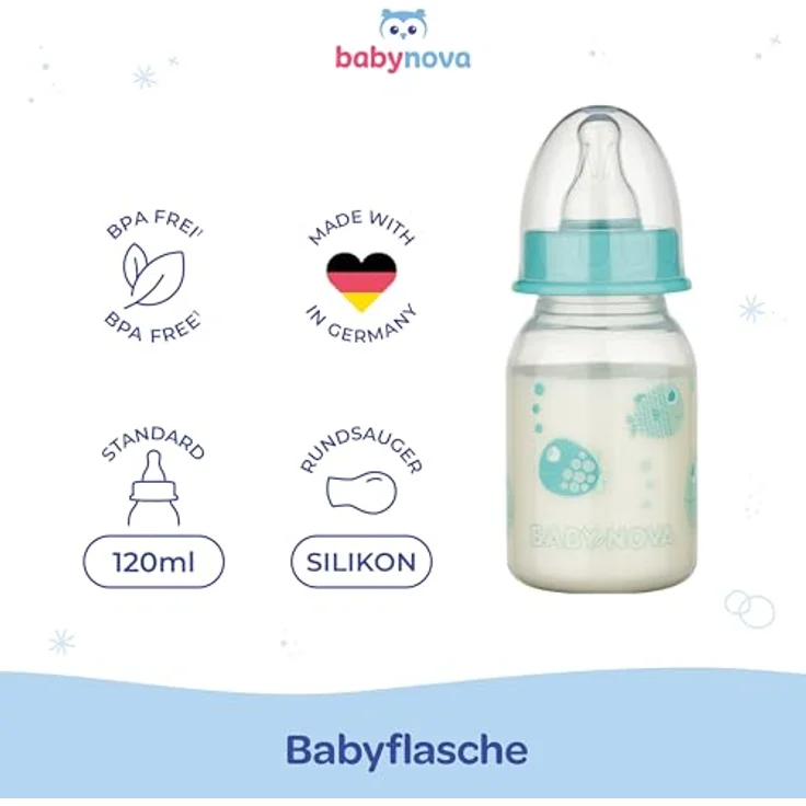 BABY-NOVA 120 ml Standard Babyflasche mit Anti-Kolik Silikonsauger für Neugeborene – BPA-frei, Motive Fische – Bild 2