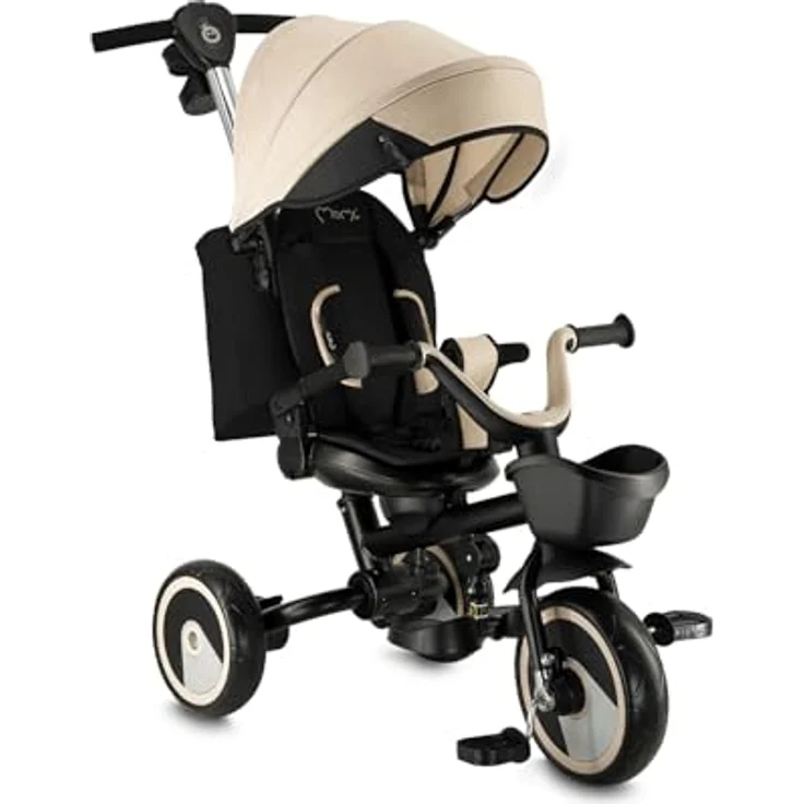 MoMi IVI 3-in-1 Kinderdreirad, beige, mit 360° drehbarem Sitz, Schiebestange & Sonnendach, 3-Punkt-Gurt, PU-Räder – Bild 1