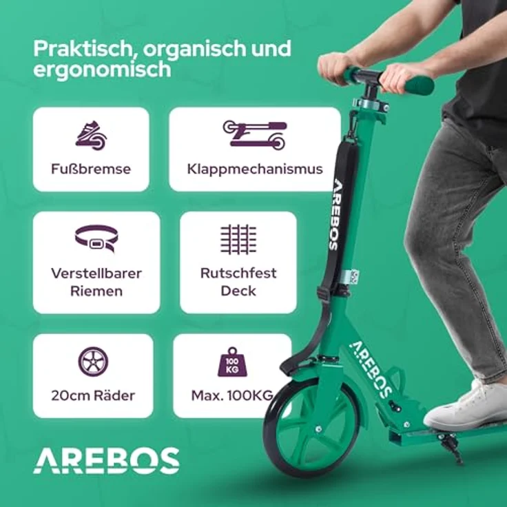 Arebos Tretroller klappbar, höhenverstellbar 78–93 cm, max. 100 kg, grün, geeignet für Kinder ab 6 Jahren, ideal für Schule und Freizeit – Bild 3