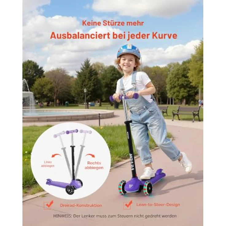 VEVOR Kinderroller, 3-Rad Scooter ab 3 Jahren mit höhenverstellbarem Lenker, rutschfestem Deck und leuchtenden 5-Zoll-Rädern, Lila, für bis zu 75 kg – Bild 4