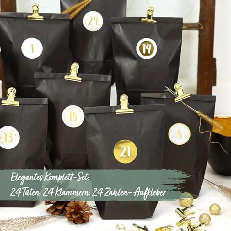 PAPIERDRACHEN Extravaganter Adventskalender zum Befüllen - mit 24 schwarzen Geschenktüten und 24 Zahlenaufklebern und Klammern - Motiv Elegance - zum Basteln und Verschenken - Weihnachten & Advent – Bild 5